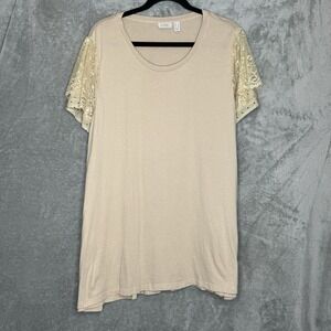 Logo Lori Goldstein 1X Shirt Top Brown Solid Lace Short Sleeve Scoop Neck Cotton
